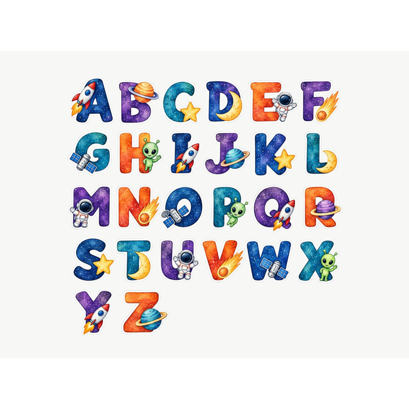 Space Alphabet Wall Decals, Set of 26 Educational Peel and Stick Wall Stickers, Classroom Playroom Decor, Kids Learning Wall Art, 20"W x 20"H (50 x 50 cm)