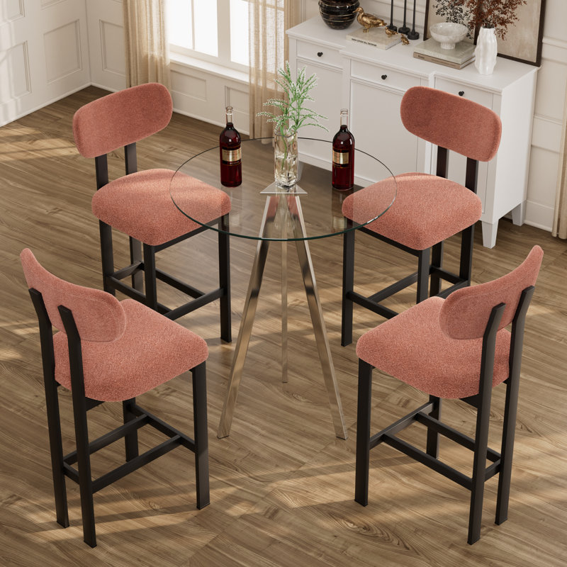 Ensemble de table de bar moderne en verre trempé avec tabourets de bar rembourrés en tissu, 5 pièces: table, 4 chaises