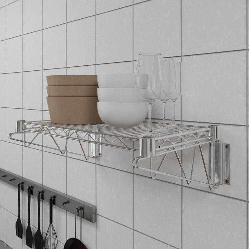 Chrome Wire Wall Mount Shelf, 8" H x 24" W x 14" D