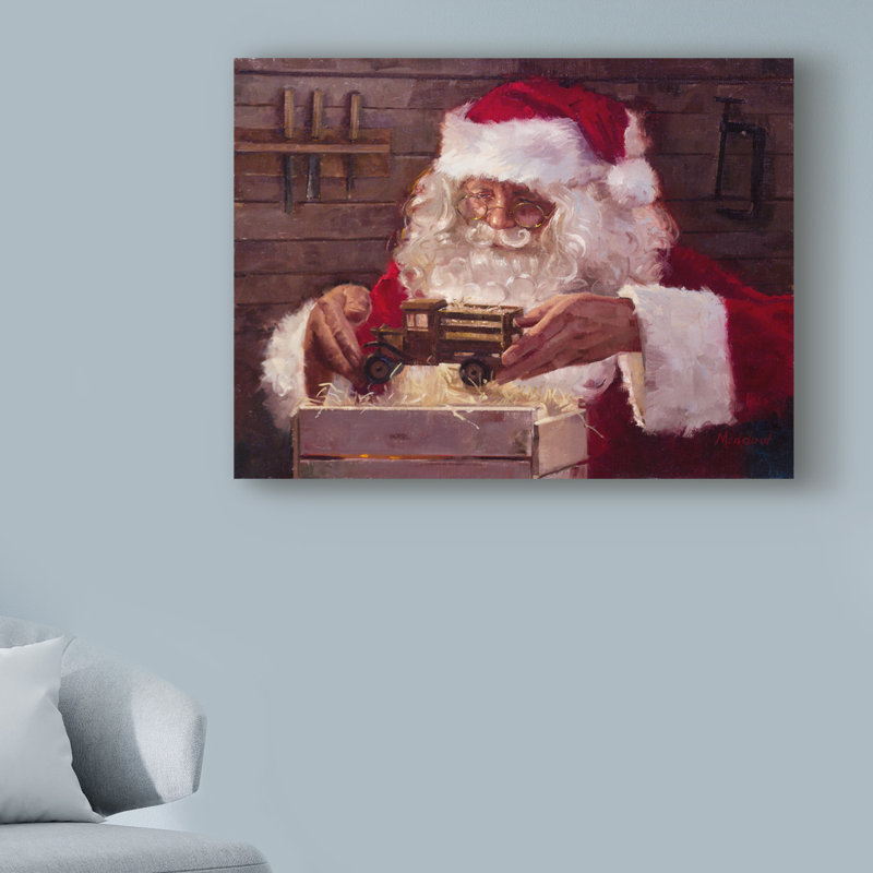 « pères noël workshop inspection », reproduction de peinture à l’acrylique sur toile tendue, H 14 po x l 19 po x P 2 po