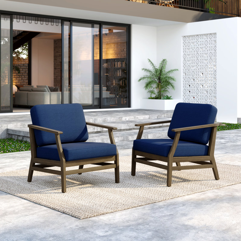 Clinkscales Solid Wood Teak Outdoor Lounge Chair With Cushion And Arms, Brown, Navy