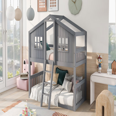 Twin Over Twin House Bunk Bed with Ladder, Solid Pine Wood Construction, Gray, Ideal for Fun and Functional Kids' Bedrooms