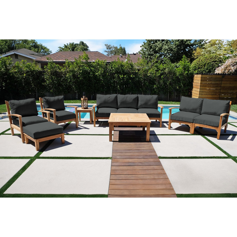 Huntington Outdoor 7 - Piece Teak Conversation Set, Table, Deluxe SF, LS, Ottoman, 2 Chairs, E-Table, Coal