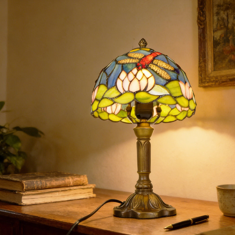 Tiffany-style Dragonfly And Lotus Table Lamp, Decorative Desk Light Decor With Bulbs