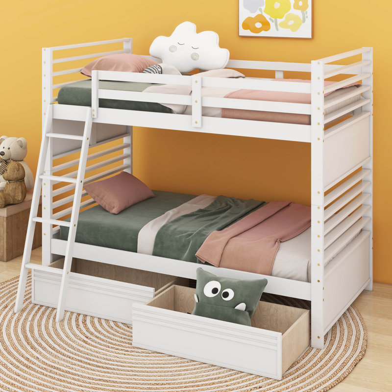 Lit superposÃ© en bois avec deux tiroirs, Blanc, Simple sur simple