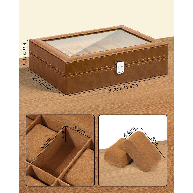 Leather Watch Box +, 8cm x 30.2cm x 20.3cm, Brown