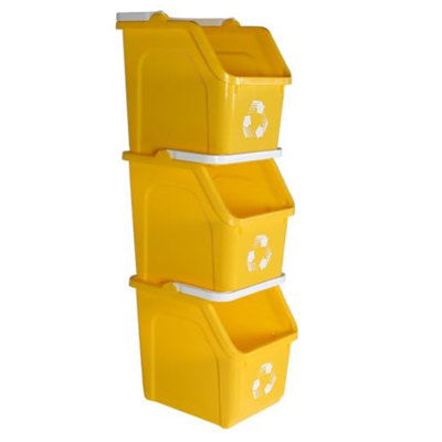 Sturdy Essentials Multi Recycling Bin System With Three Stacking 6 Gallon Bins With Carrying Handles, Stackable And Compact For Offices, Homes, Garages, Businesses - (Yellow, 3 Pack)