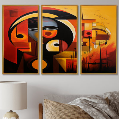 Portrait géométrique minimal en jaune et rouge - ensemble d'art mural masque africain