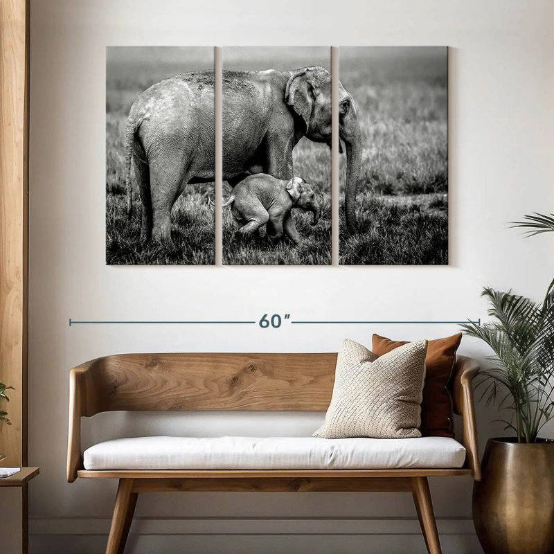 Éléphant et ses jeunes en Assam, H 32 po x l 50 po