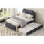 Lit plateforme simple avec rembourrage et lit gigogne - Revêtement doux gris et caché-2103926084-2103926085