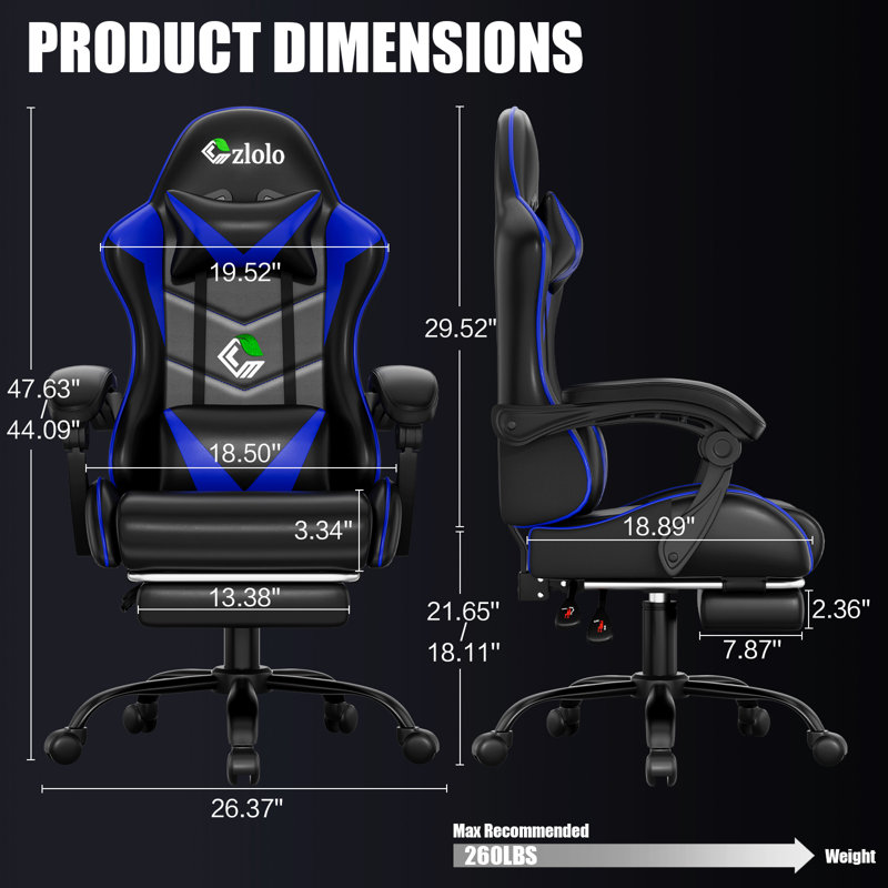 Easily Assembled Gaming Chair with Comfortable Reclining Backseat and Lumbar Support Massager, Blue