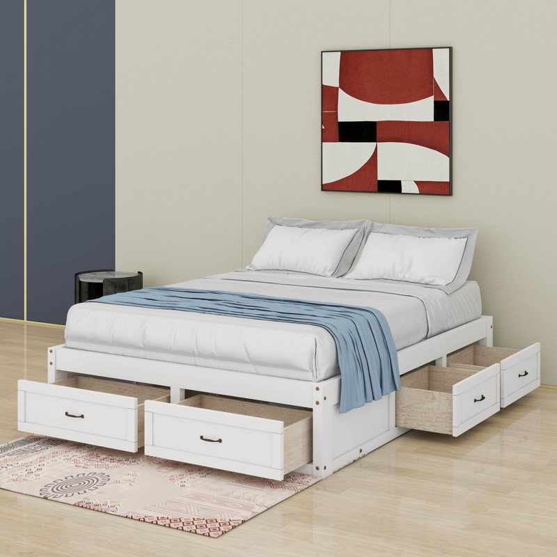 Grand lit plateforme avec tiroirs, Blanc antique