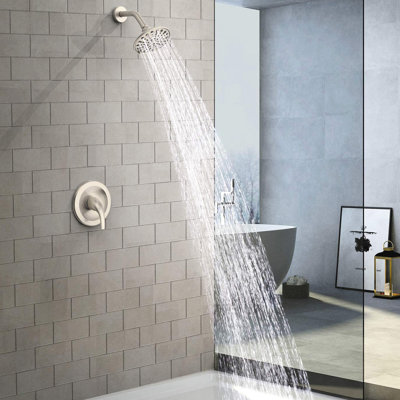 Wall - Mounted Single Handle 6 Spray Pattern Shower Head With Included Valve And Arm, 360 Adjustable Joint On Head, Holes For Easy Maintenance, Brushed Nickel Plastic Design Faucet , Joint, Finish