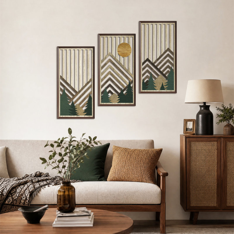 Large Boho Abstract Framed Wood Panels Wall Art Set Of 3 Bohemian Home Decor