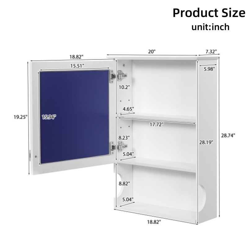 Armoire de rangement murale de 20 pouces avec miroir et portes d'armoire, blanc, Blanc