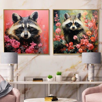 «Black and Pink Raccoon Flower I», ensemble de 2 reproductions d'art sur toile