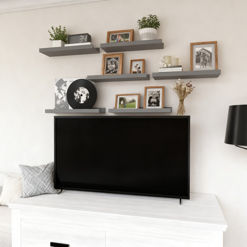 Set Of 6 Floating Shelves With Protective Lip, Modern Wall Display Ledges For Pictures, Books, Plants And Home Decor In Living Room, Bedroom, Nursery And Bathroom