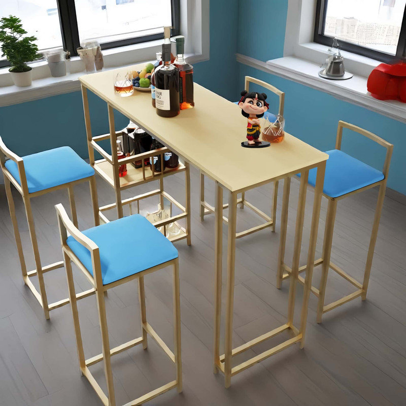 Bar table and chair five piece set, gold frame, multi-layer tabletop, chair cushion and backrest made of sponge, table with storage function (gold)