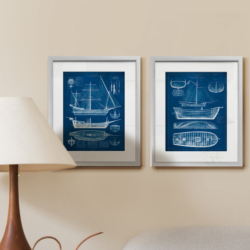 « Ship Blueprint », ensemble de 2 reproductions d’art graphique encadrées sur papier