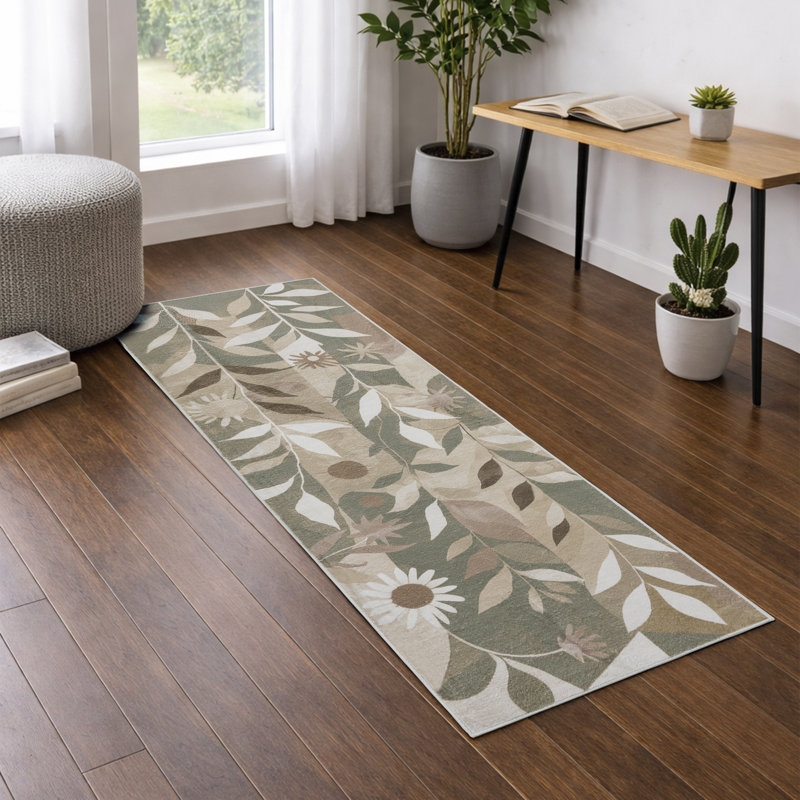 Machine Washable Boho Abstract Floral Area Rug Soft Low-Pile Non-Slip Backing Sage Green/Beige/Brown Indoor Carpet for Living Room, Bedroom, Hallway Runner