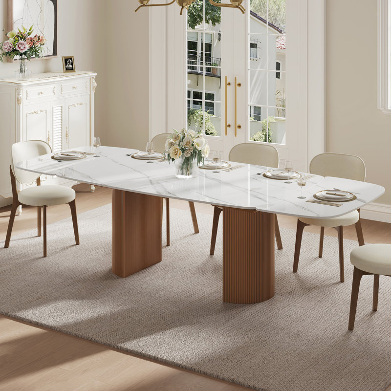 Table de salle à manger extensible 63-94,5 "moderne pour table de chevet en pierre frittée 4-10 avec base double en bois brun