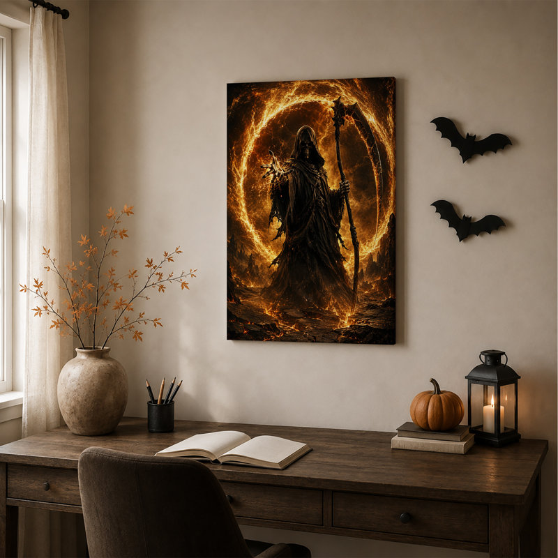 «Grim Reaper With Scythe in Fiery Ring», art mural sur toile, H 36 po x l 24 po