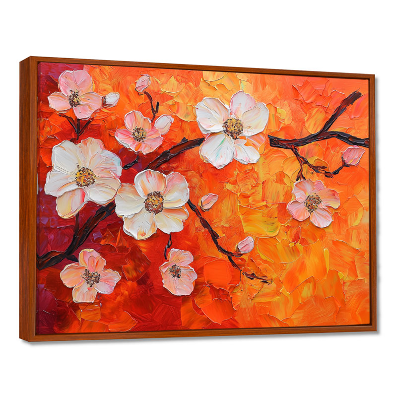 Coucher de soleil sur les fleurs de pommier I, Brown, Reproduction avec cadre flottant, H 24 po x l 32 po