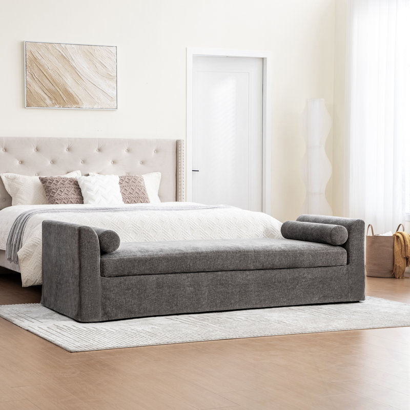 Banc rembourré en chenille avec 2 coussins, Gris