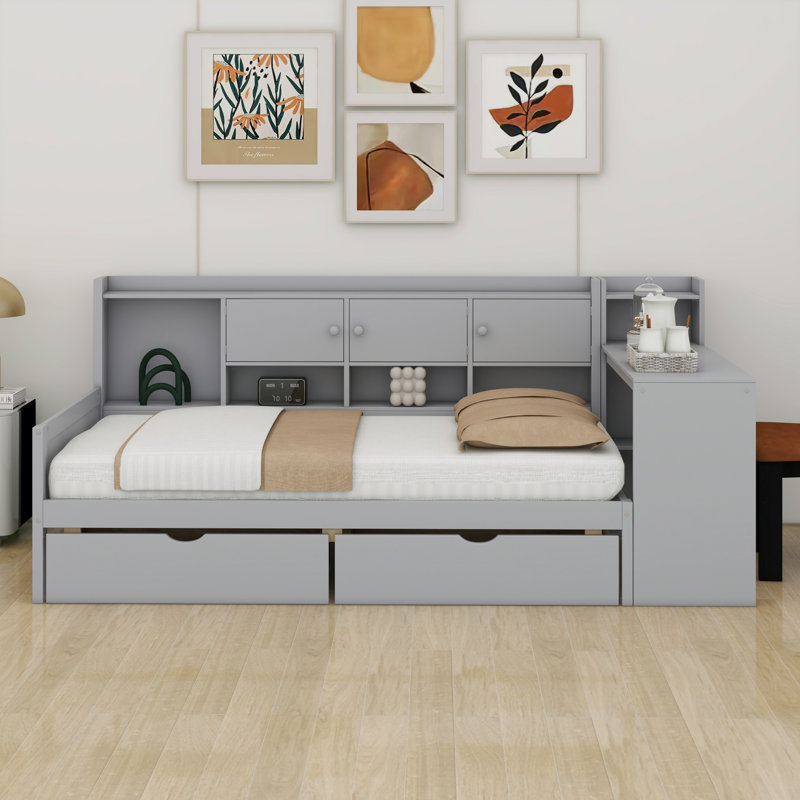 Wooden L-Shape Daybed With Storage Cabinets And Storage Drawers,Multi-Functional Bed With Study Desk, Twin, White