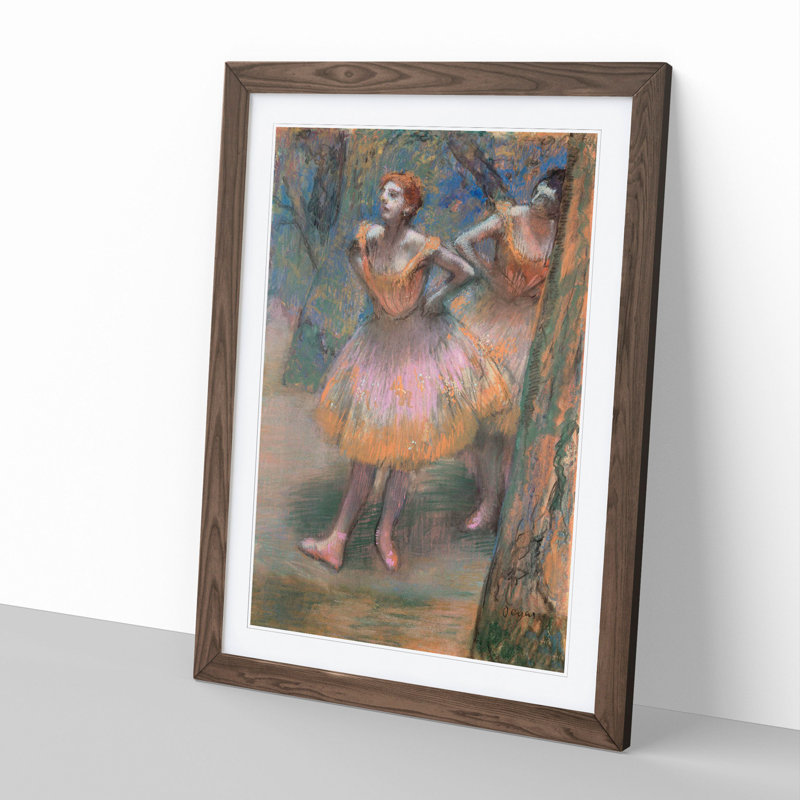Two Ballet Ballerina Dancers in Pink and Orange by Edgar Degas - Framed Print, 48cm H x 36cm W x 2cm D, Walnut Framed