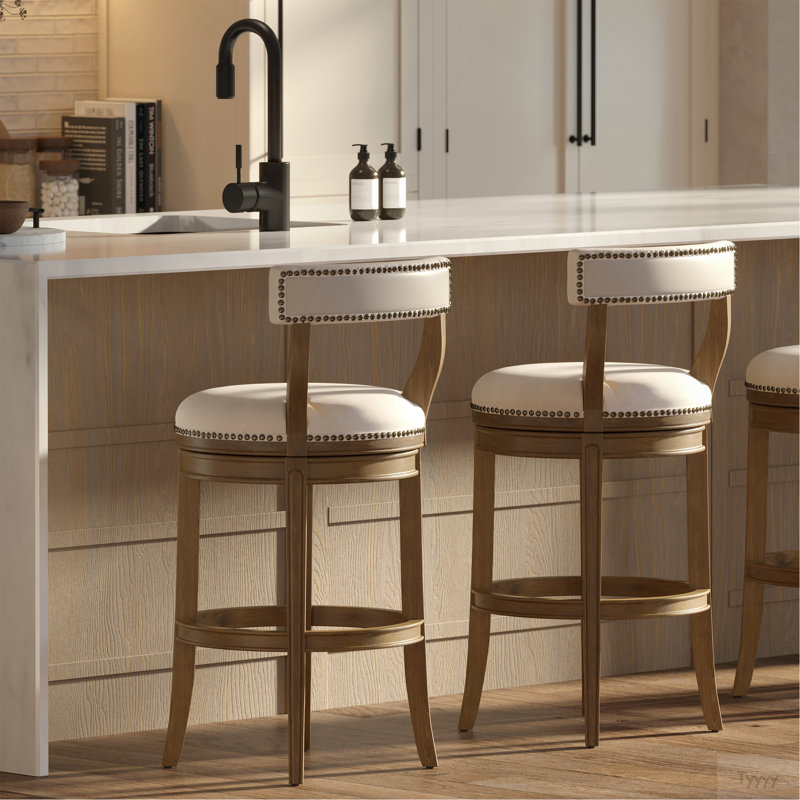 Tabouret 31 ", finition pacane avec siège et dossier en tissu de lin, 1 pièce