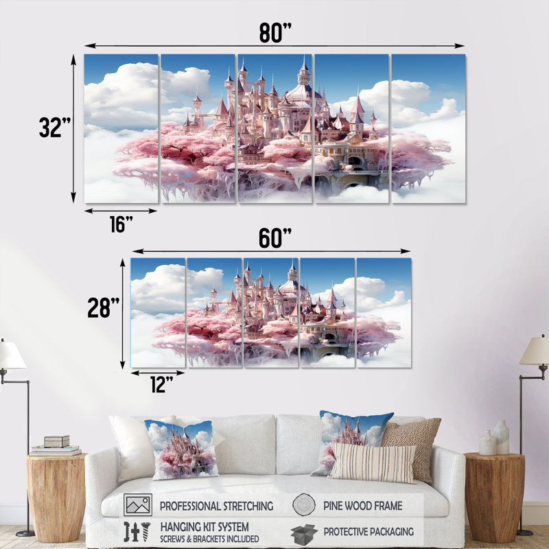 Château flottant de fantaisie, ensemble d'art mural 5 pièces, H 28 po x l 60 po