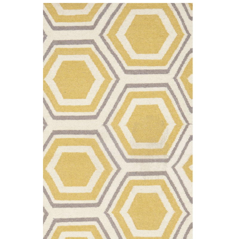 Tapis jaune / beige en laine tissé à la main Robby, Rectangle 3 pi x 5 pi
