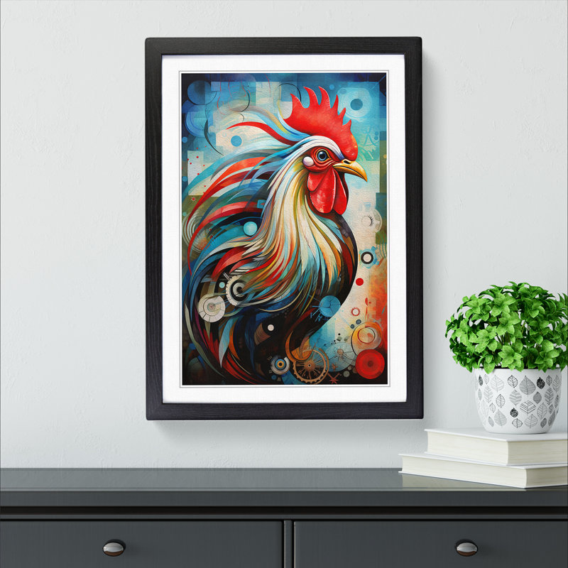Rooster Orphism No.2 - Single Picture Frame Print on Wood, 46cm H x 34cm W x 2cm D, Black