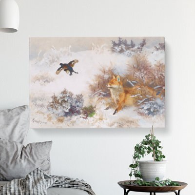 Fox And Black Grouse by Bruno Liljefors - Wrapped Canvas Painting