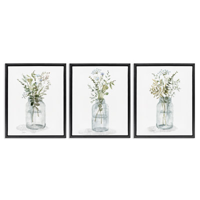 «Jars of Watercolor Style Flowers», ensemble de 3 toiles flottantes encadrées, design par Livi Finn