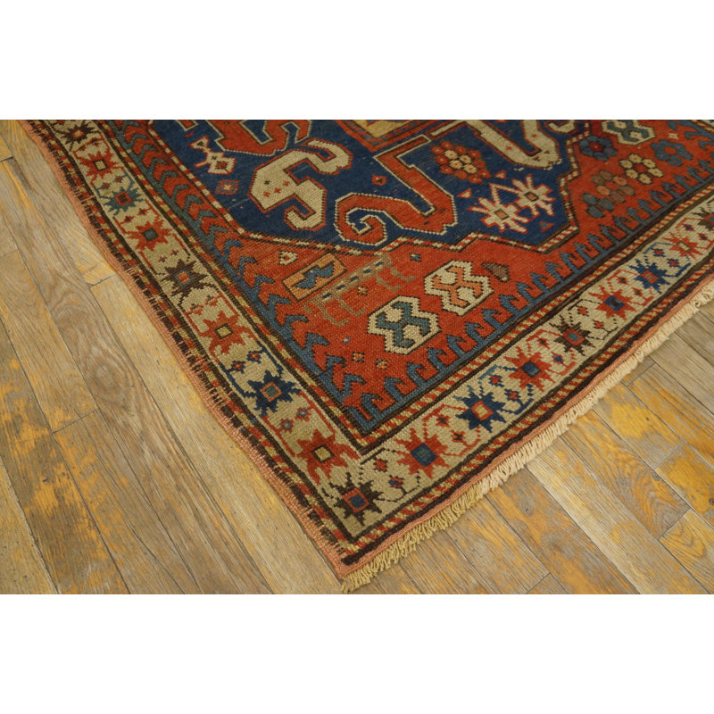 Red and Blue Antique Wool Pile Tribal Caucasian Kazak Rug