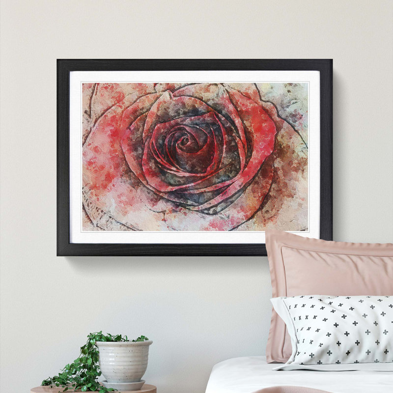 Red Rose in Abstract - Picture Frame Painting Print, 48cm H x 65cm W x 2cm D, Black Framed