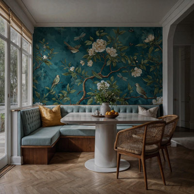 Teal Chinoiserie Bird and Flower Wall Mural | Peony Branch Botanical Wallpaper | Non-Woven or Peel and Stick