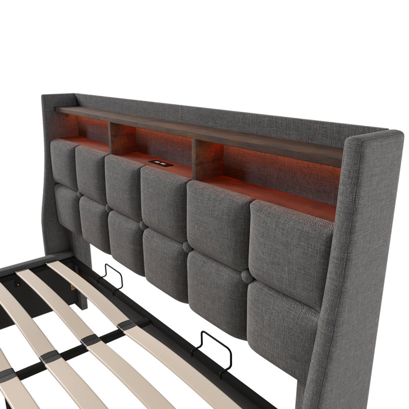 Storage Bed With Led And Usb Linen, Kingsize (5'), Grey