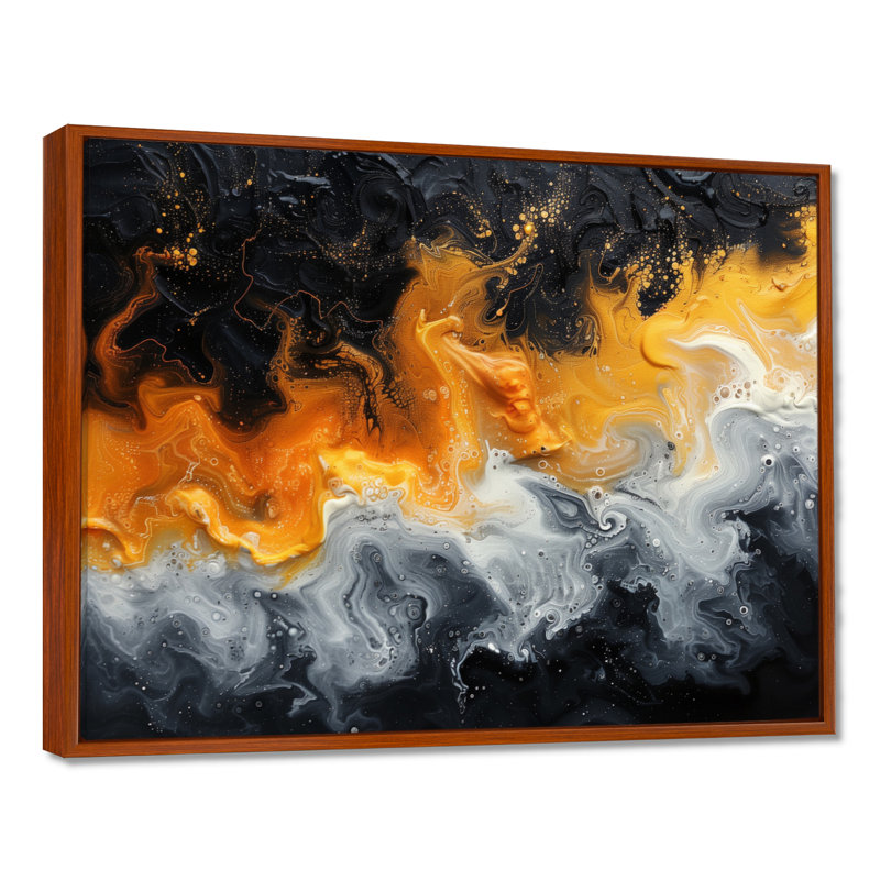  «Orange noir abstrait liquide rivière III - art abstrait mural encre liquide, H 30 po x l 40 po x P 1,5 po