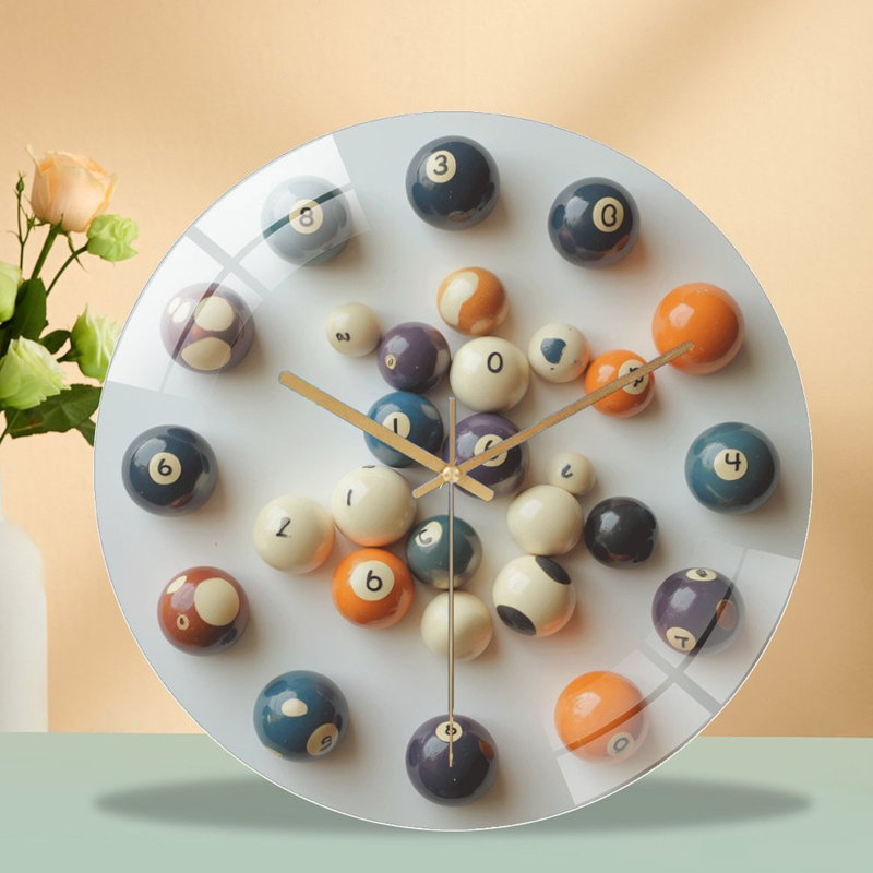 Ensemble de boules de billard colorées pour jouer à la maison - Horloge murale moderne en verre 12 po