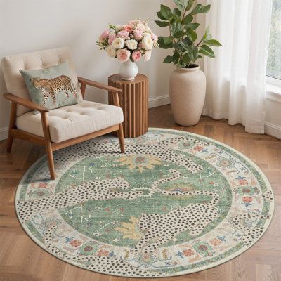 Allandale Leopard Print Green / Beige Machine Washable Non-Slip Area Rug