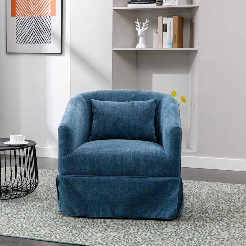 360-Degree Swivel Upholstered Armchair with Accent Pillow, Blue Linen Blend