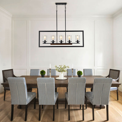 5-Light Farmhouse Wood Dining Room Light Fixture Over Table with Glass Shade, Rustic Kitchen Island Lighting for Dining Room Kitchen Island