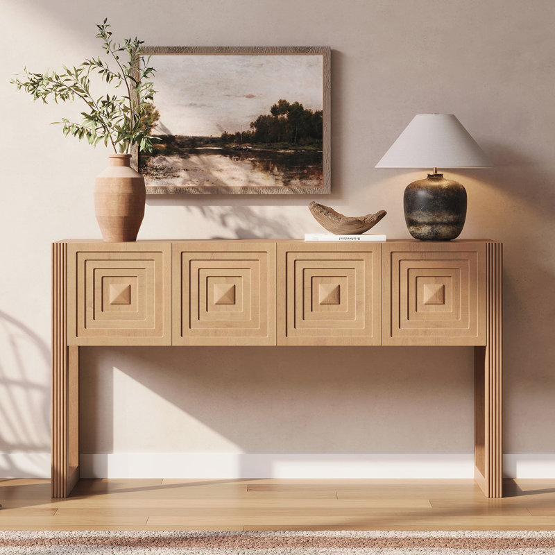 Console géométrique sculptée avec 3 tiroirs à fermeture en douceur, pieds cannelés, Light Brown, Marron clair, Light Brown