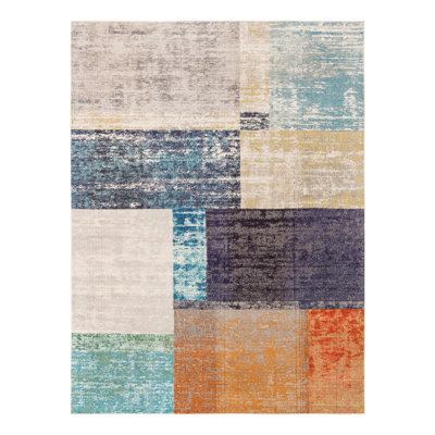 Tapis bleu marine / gris / orange à motif octogonal Octagon