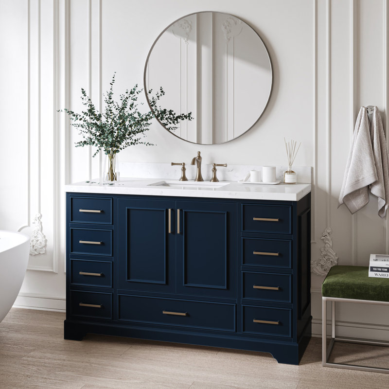 Meuble-lavabo simple 54,25 po avec plateau en quartz Abshire, Bleu minuit