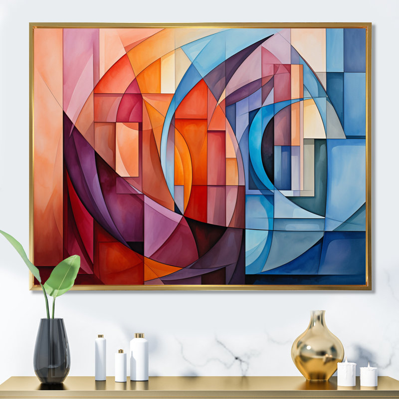 Cubisme arc-en-ciel II - décoration murale cubisme, H 24 po x l 32 po, Black Picture Framed