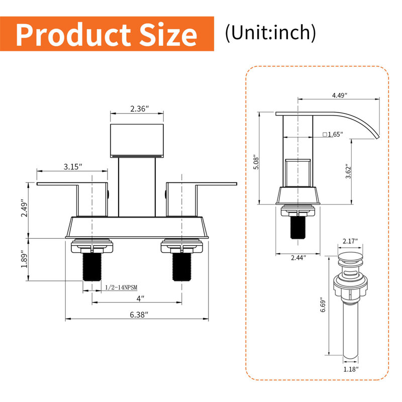 4 Inch Centerset Bathroom Faucet With Pop-Up Drain Kit 3 Hole Waterfall Bathroom Sink Faucets Stainless Steel Double Handle Bathroom Vanity Basin Taps